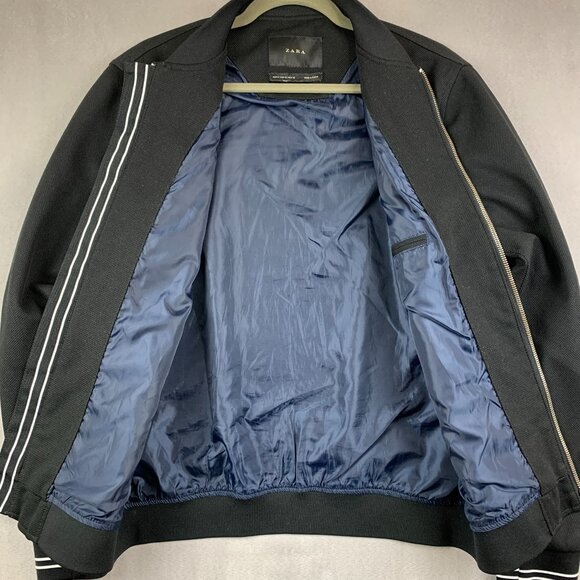 Zara Mens Bomber Jacket Medium Black Full Zip Long Sleeve Varsity Striped Trim - Picture 3 of 7